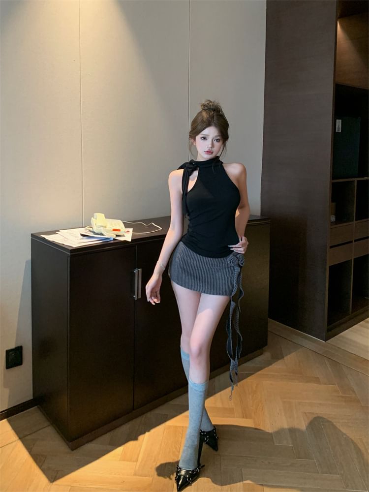 Neck Detail Flower Low Halter Plain Skirt Pencil Mini Mock Top / Waist