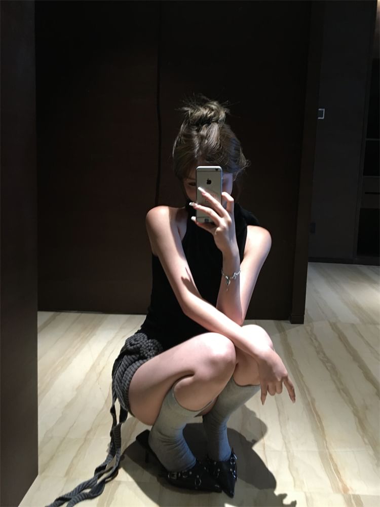 Neck Detail Flower Low Halter Plain Skirt Pencil Mini Mock Top / Waist