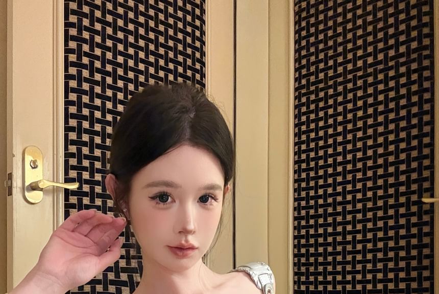 Striped Tube Lace Denim Panel Top Lace-Up