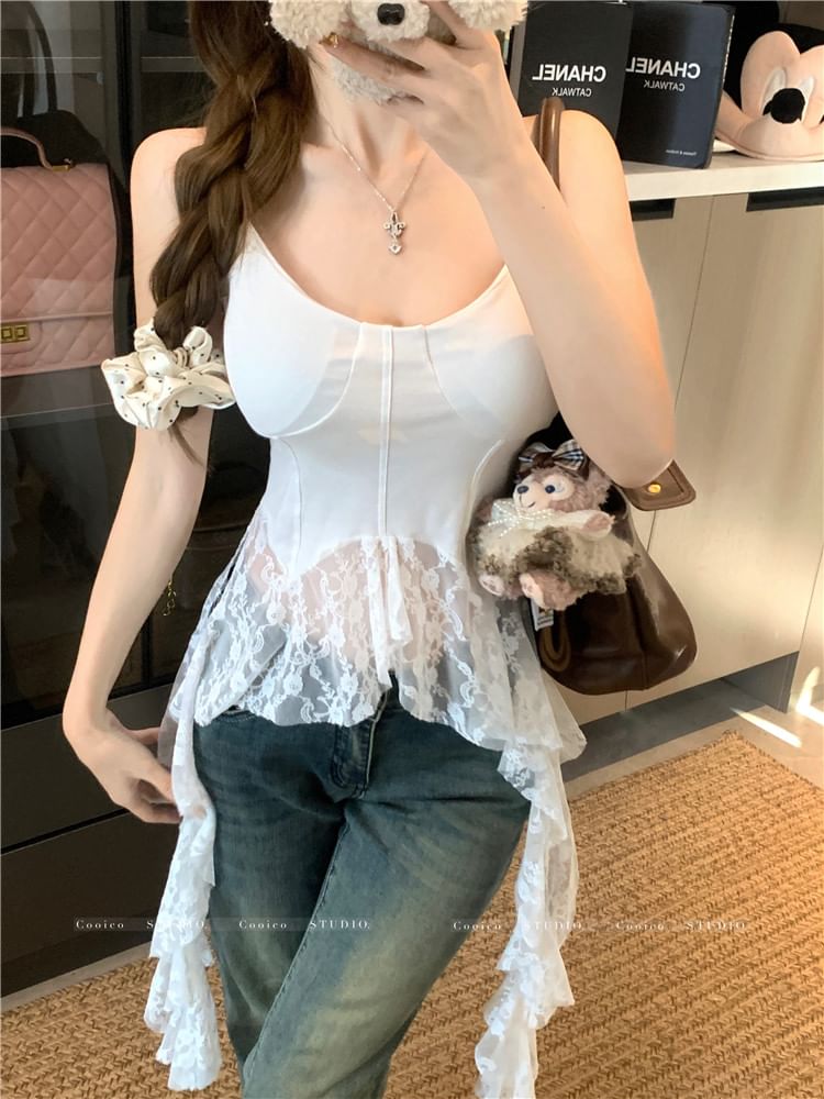 Lace Neck Camisole Asymmetrical Trim Top Scoop Plain