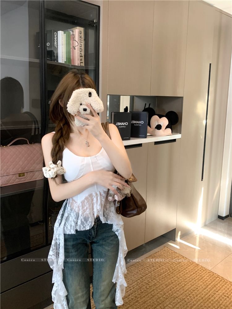 Lace Neck Camisole Asymmetrical Trim Top Scoop Plain