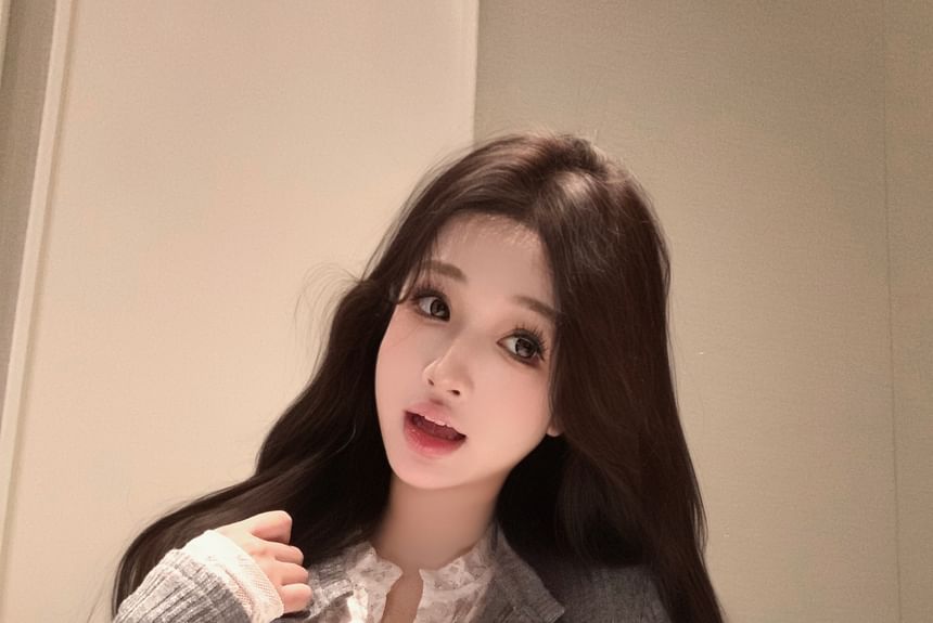 Lace Plain Two-Piece Cardigan Ribbed Trim Fit Slim Mock