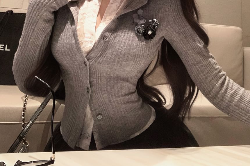 Lace Plain Two-Piece Cardigan Ribbed Trim Fit Slim Mock