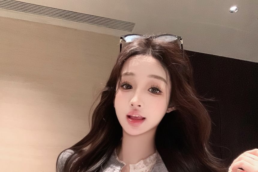 Lace Plain Two-Piece Cardigan Ribbed Trim Fit Slim Mock