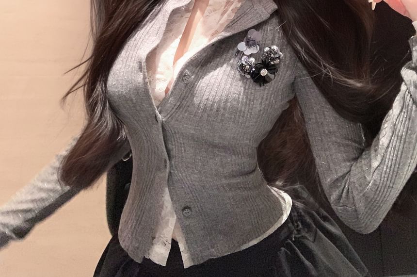 Lace Plain Two-Piece Cardigan Ribbed Trim Fit Slim Mock