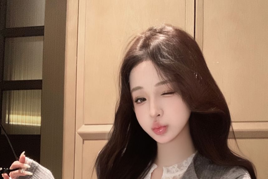 Lace Plain Two-Piece Cardigan Ribbed Trim Fit Slim Mock