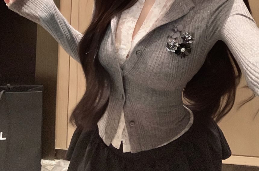 Lace Plain Two-Piece Cardigan Ribbed Trim Fit Slim Mock