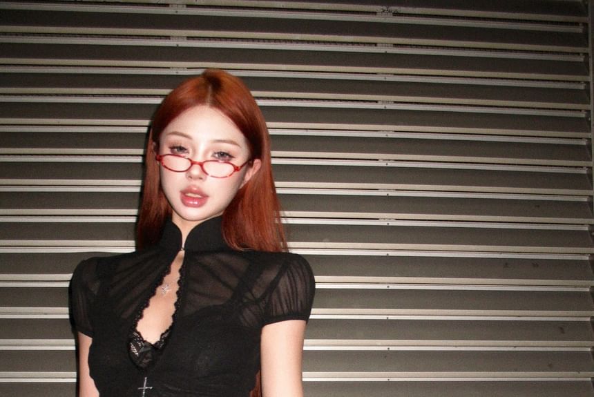 Rise Puff-Sleeve Skirt Stand Collar Mid Mini A-Line Lace Bra Crop Blouse /