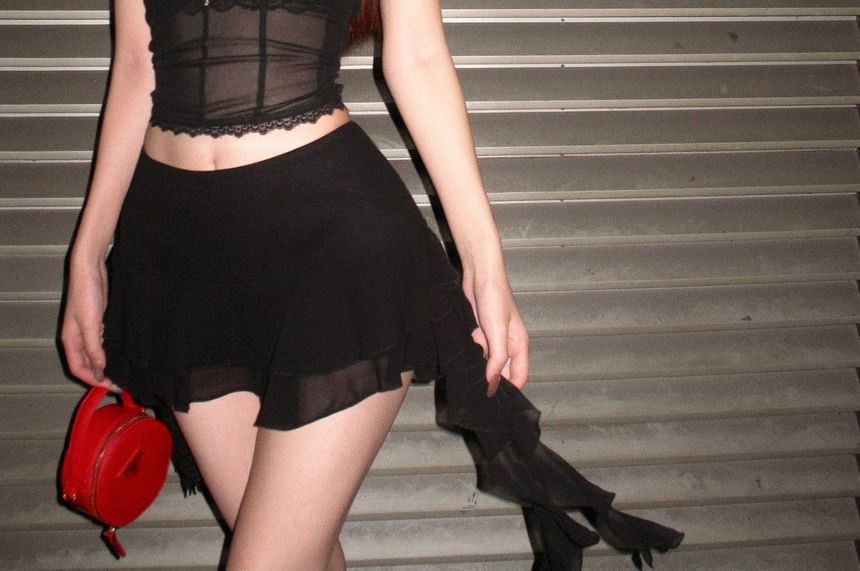 Rise Puff-Sleeve Skirt Stand Collar Mid Mini A-Line Lace Bra Crop Blouse /