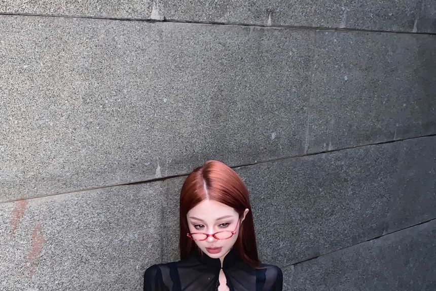 Rise Puff-Sleeve Skirt Stand Collar Mid Mini A-Line Lace Bra Crop Blouse /