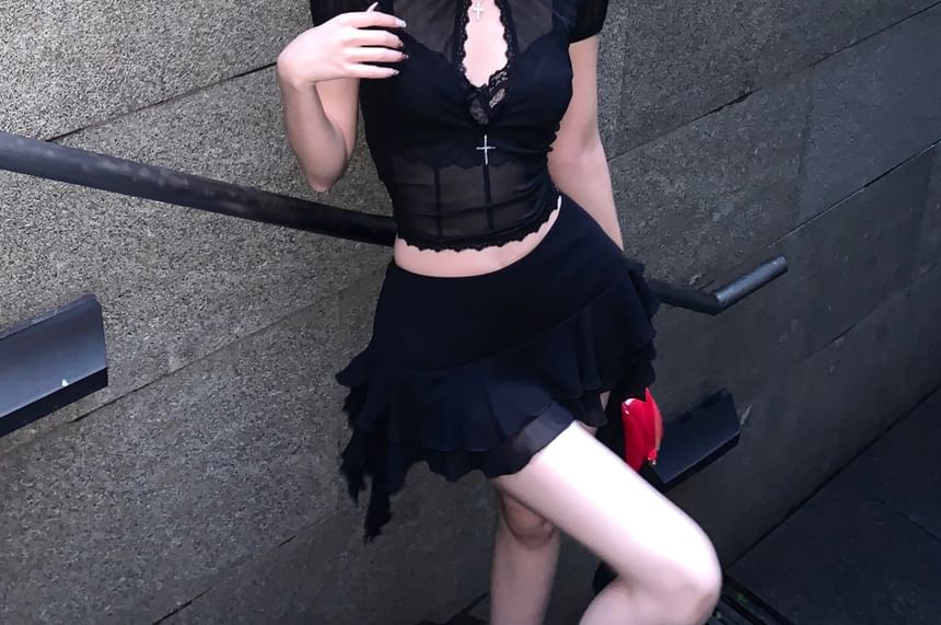 Rise Puff-Sleeve Skirt Stand Collar Mid Mini A-Line Lace Bra Crop Blouse /