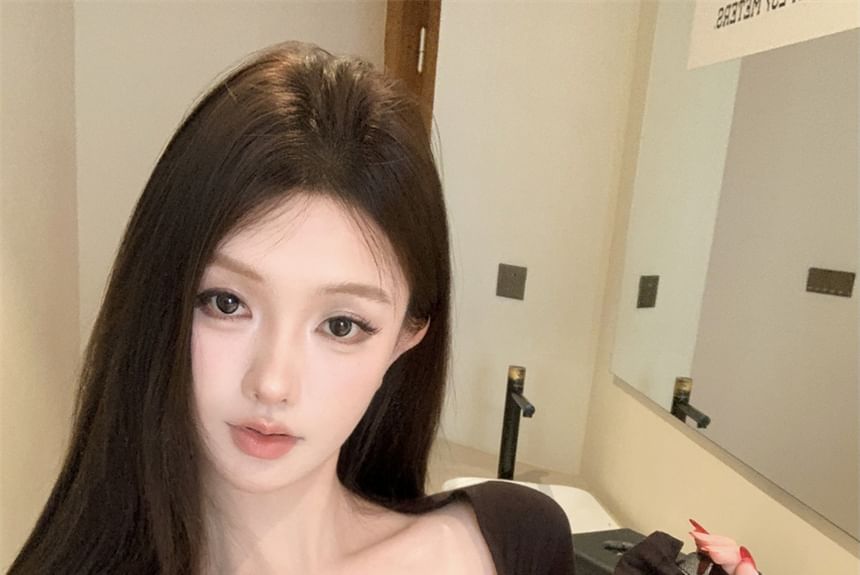 Lace-Up T-Shirt Plain Long-Sleeve Cold-Shoulder