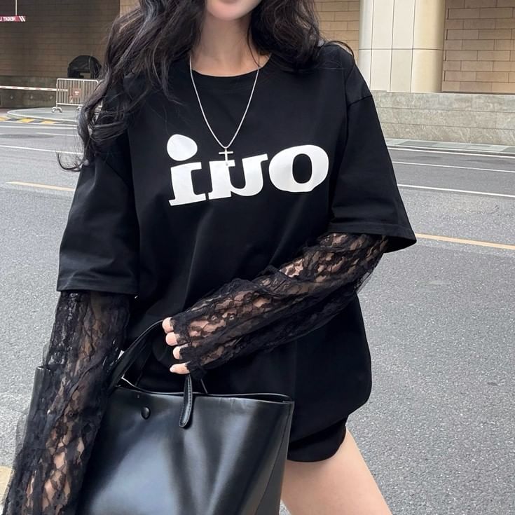 Mock Panel Tee Neck Lace Long-Sleeve Crew Lettering Two-Piece