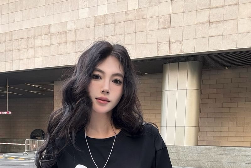 Mock Panel Tee Neck Lace Long-Sleeve Crew Lettering Two-Piece