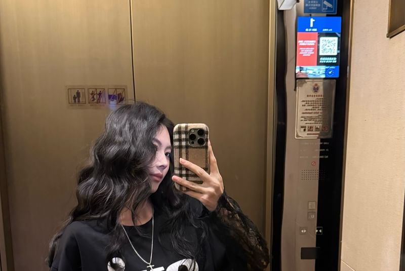 Mock Panel Tee Neck Lace Long-Sleeve Crew Lettering Two-Piece