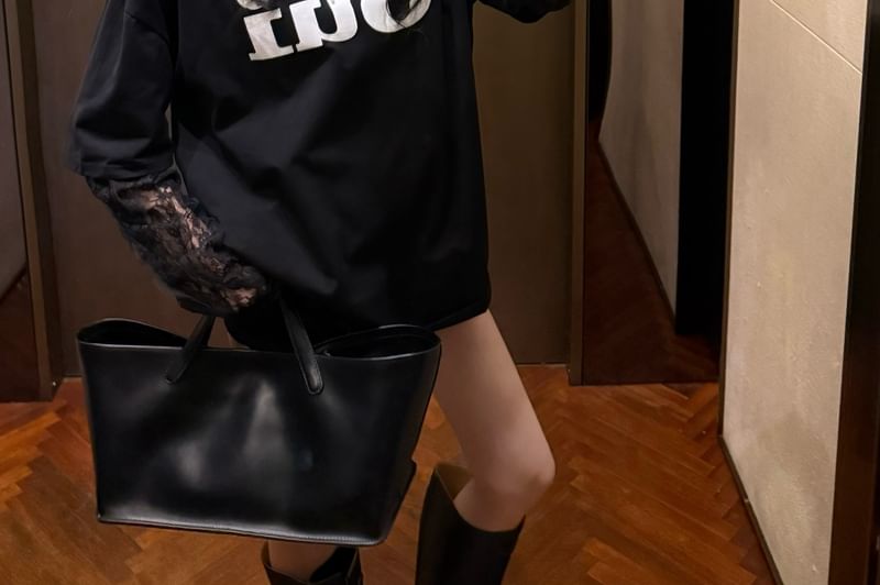 Mock Panel Tee Neck Lace Long-Sleeve Crew Lettering Two-Piece