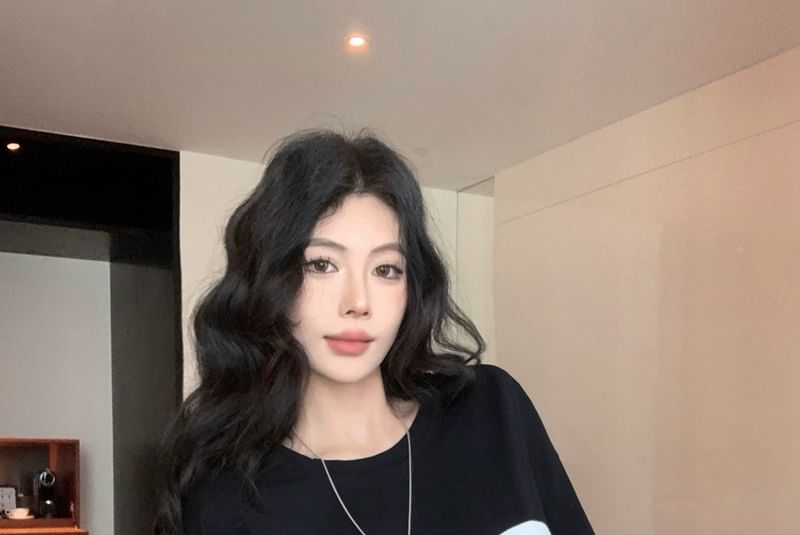 Mock Panel Tee Neck Lace Long-Sleeve Crew Lettering Two-Piece