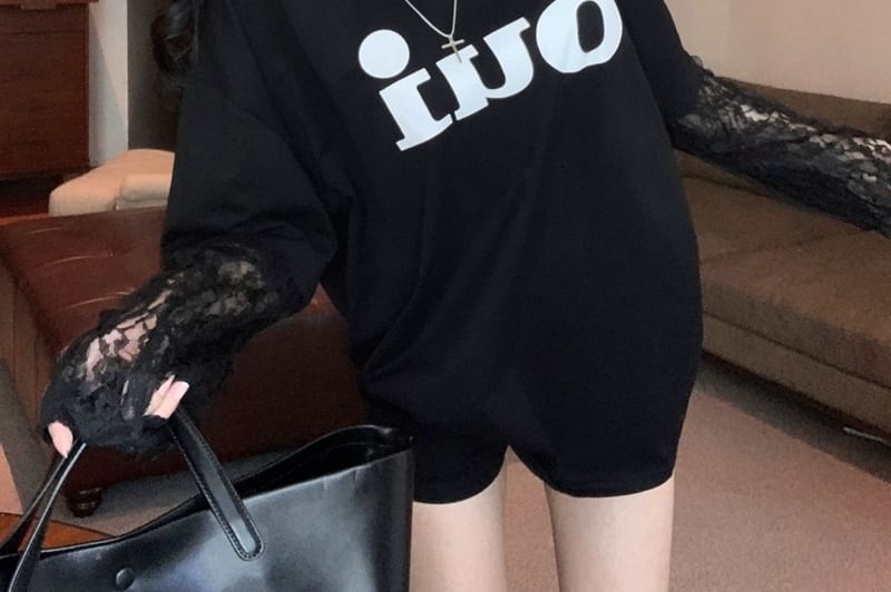 Mock Panel Tee Neck Lace Long-Sleeve Crew Lettering Two-Piece