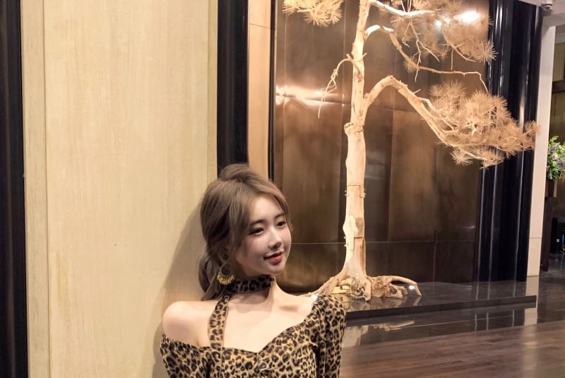 Ruffled Asymmetrical Blouse Print Leopard Long-Sleeve Choker-Neck