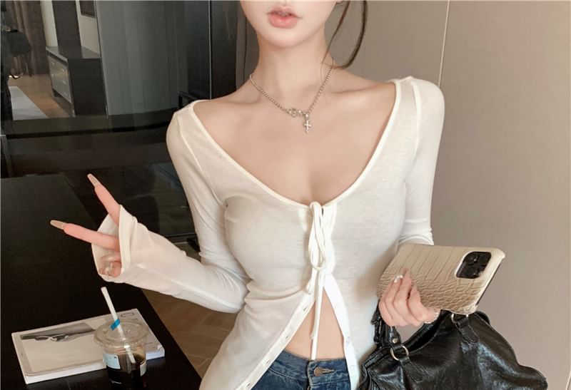 Plain Knit Scoop Long Neck Sleeve Top