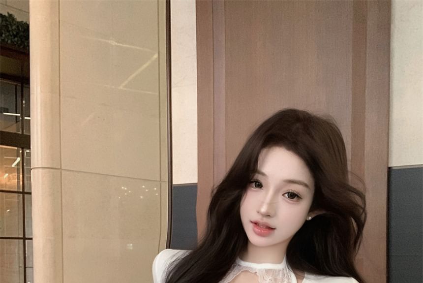 Long Sleeve Round Henley Neck Plain Lace Panel T-Shirt