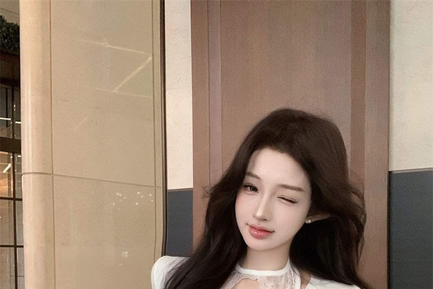 Long Sleeve Round Henley Neck Plain Lace Panel T-Shirt