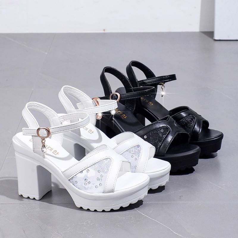 Sequined Chunky Platform Heel Sandals