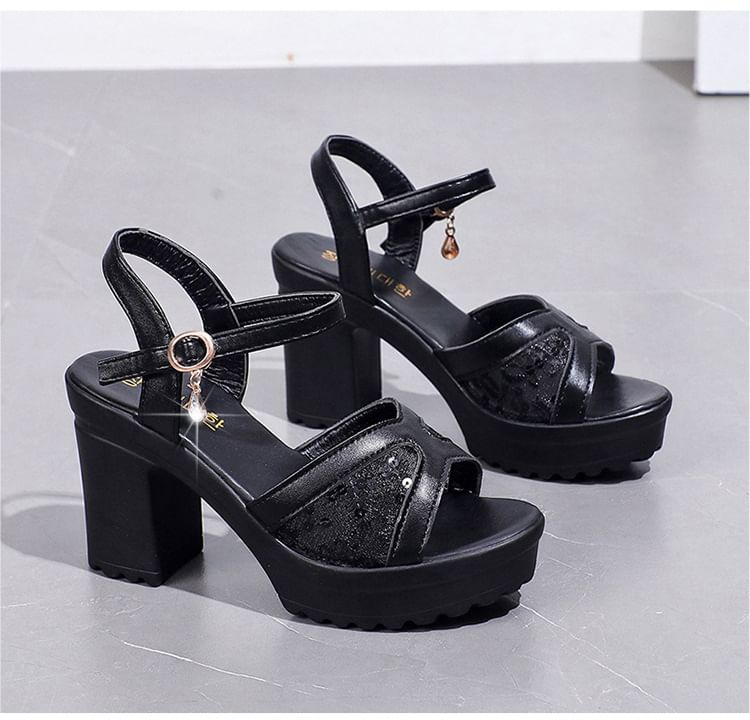 Sequined Chunky Platform Heel Sandals