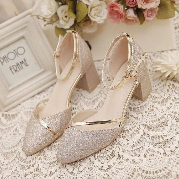 Chunky Strap Glitter Ankle Heel Pumps