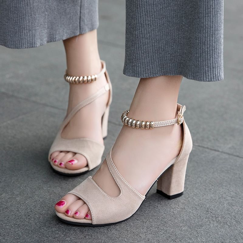 Metal Ankle Heel Sandals Bead Chunky Strap