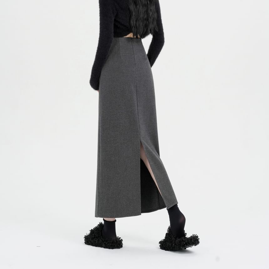 Back Midi Waist Plain Slit Skirt High A-Line