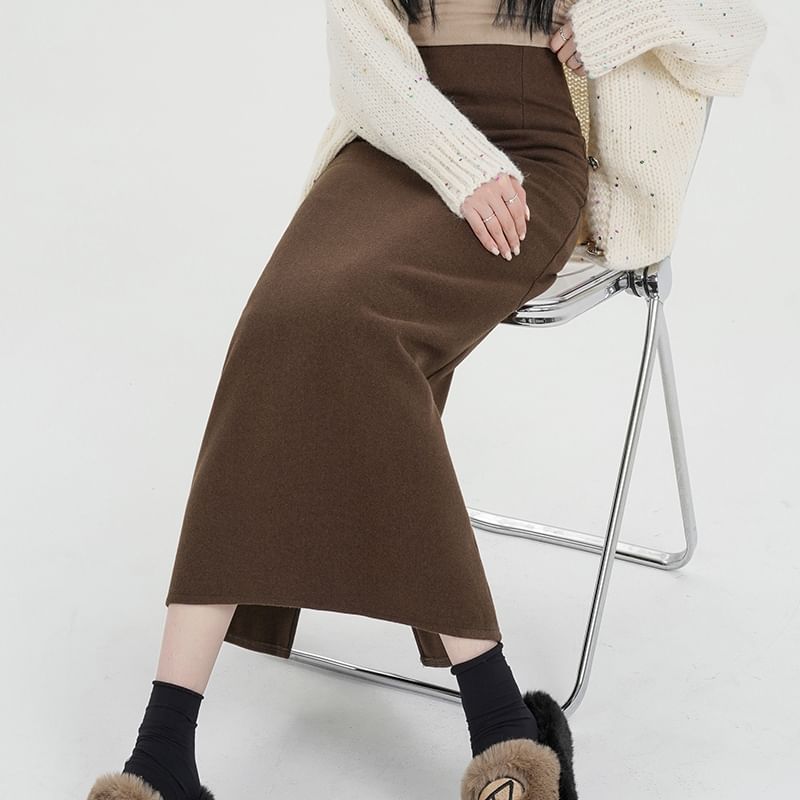 Back Midi Waist Plain Slit Skirt High A-Line
