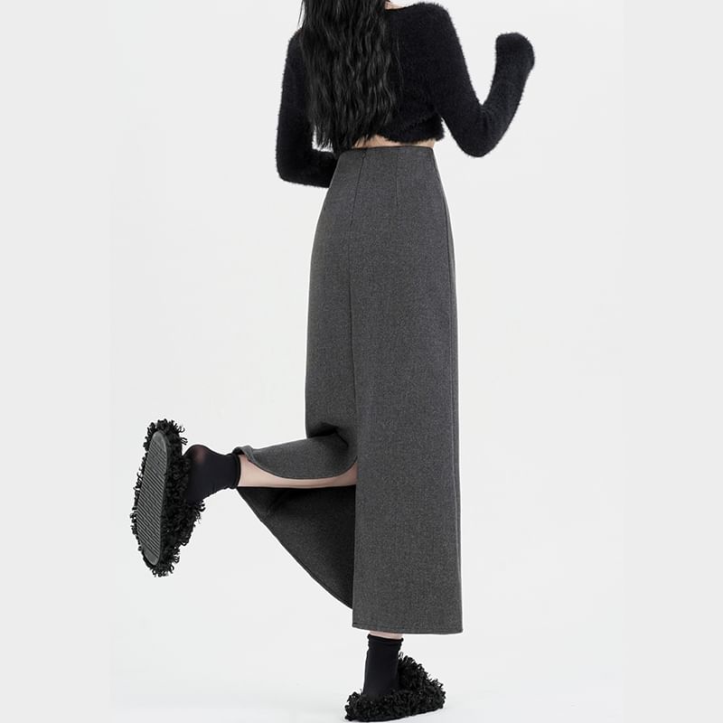 Back Midi Waist Plain Slit Skirt High A-Line