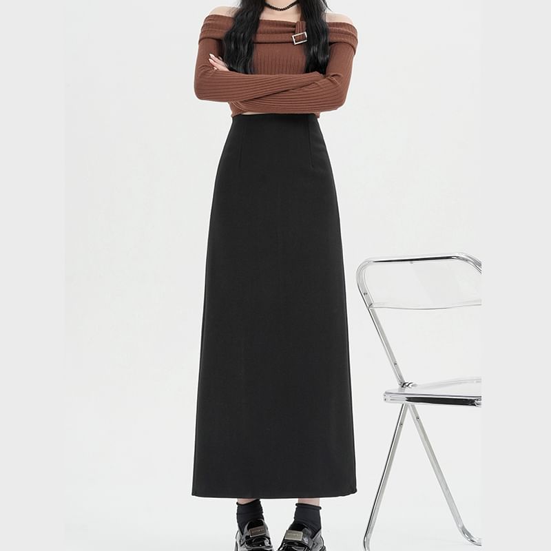 Back Midi Waist Plain Slit Skirt High A-Line