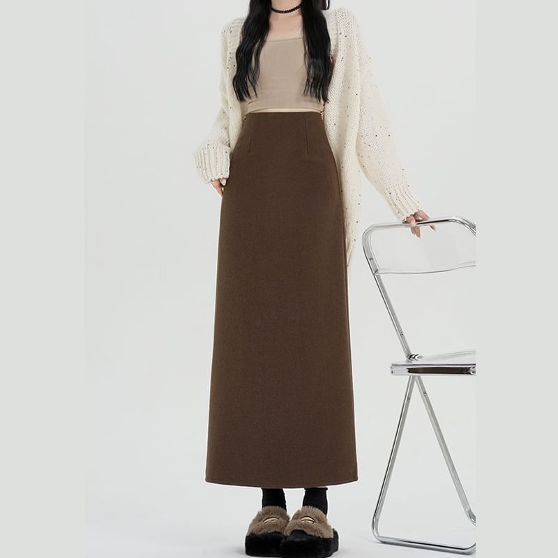 Back Midi Waist Plain Slit Skirt High A-Line