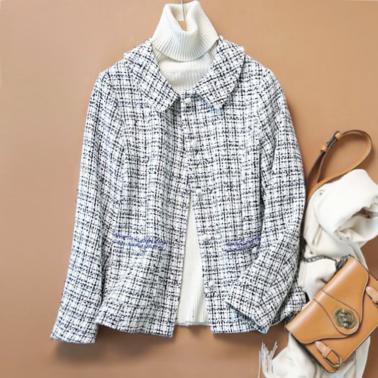Collar Plaid Tweed Faux Pearl Button Jacket