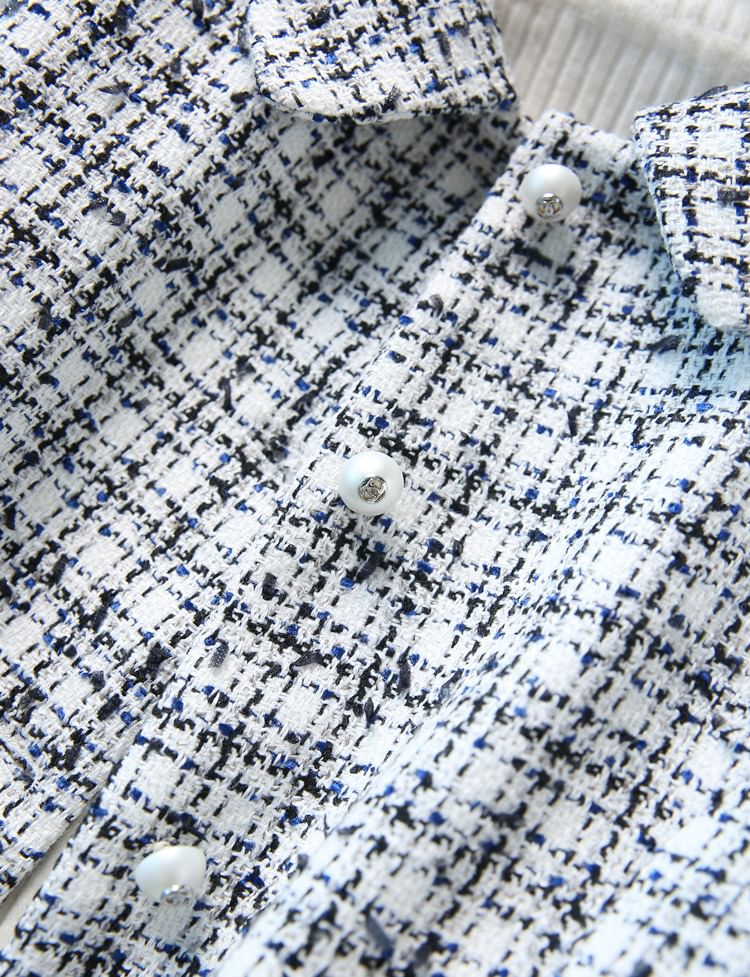 Collar Plaid Tweed Faux Pearl Button Jacket