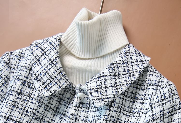 Collar Plaid Tweed Faux Pearl Button Jacket