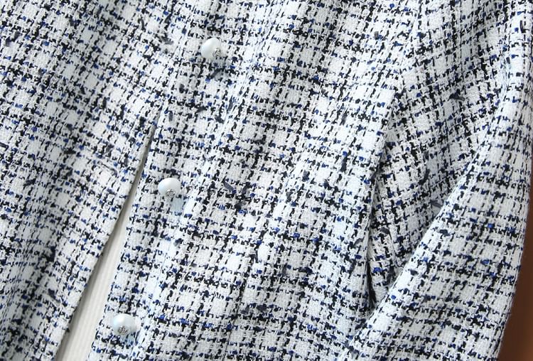 Collar Plaid Tweed Faux Pearl Button Jacket