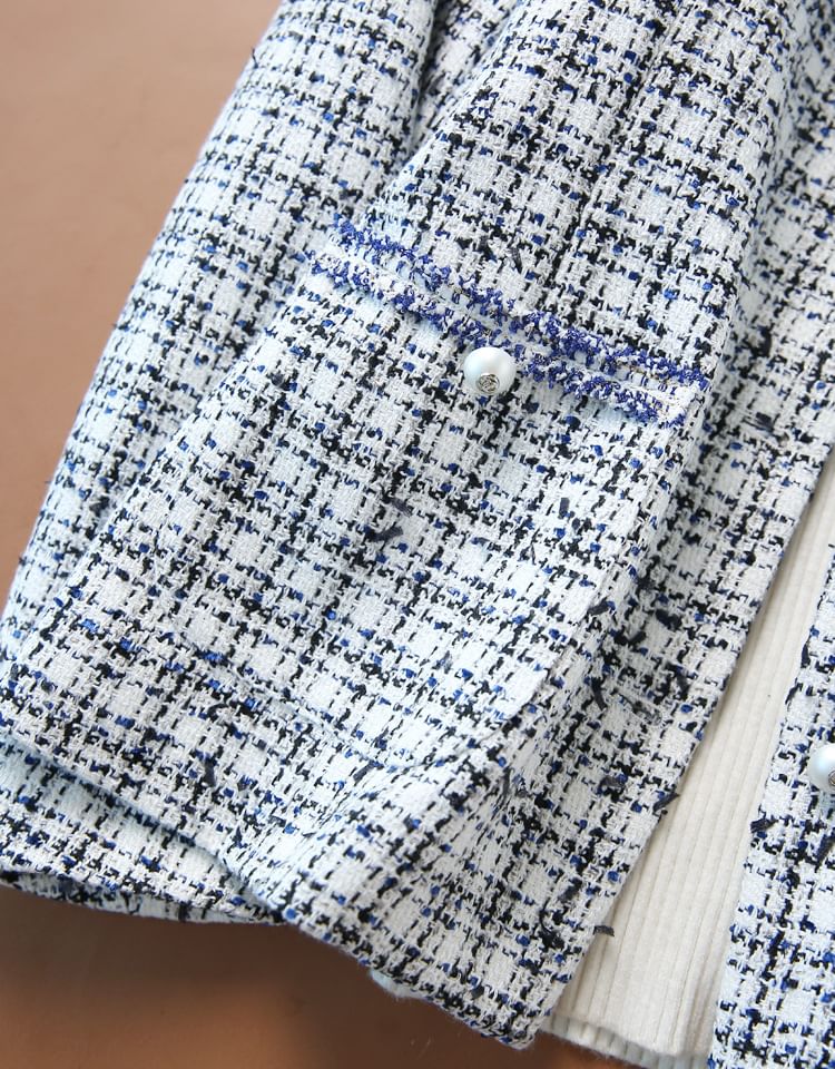 Collar Plaid Tweed Faux Pearl Button Jacket