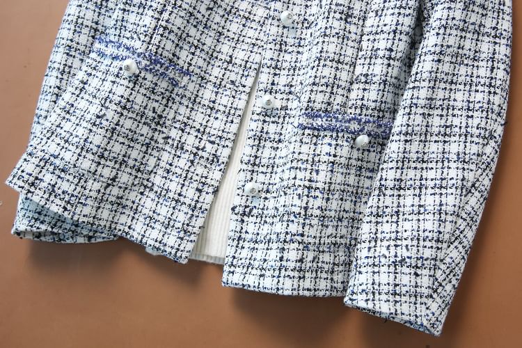 Collar Plaid Tweed Faux Pearl Button Jacket