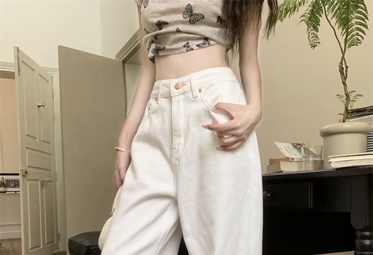 Embroidered Fit High Jeans Loose Bow Waist