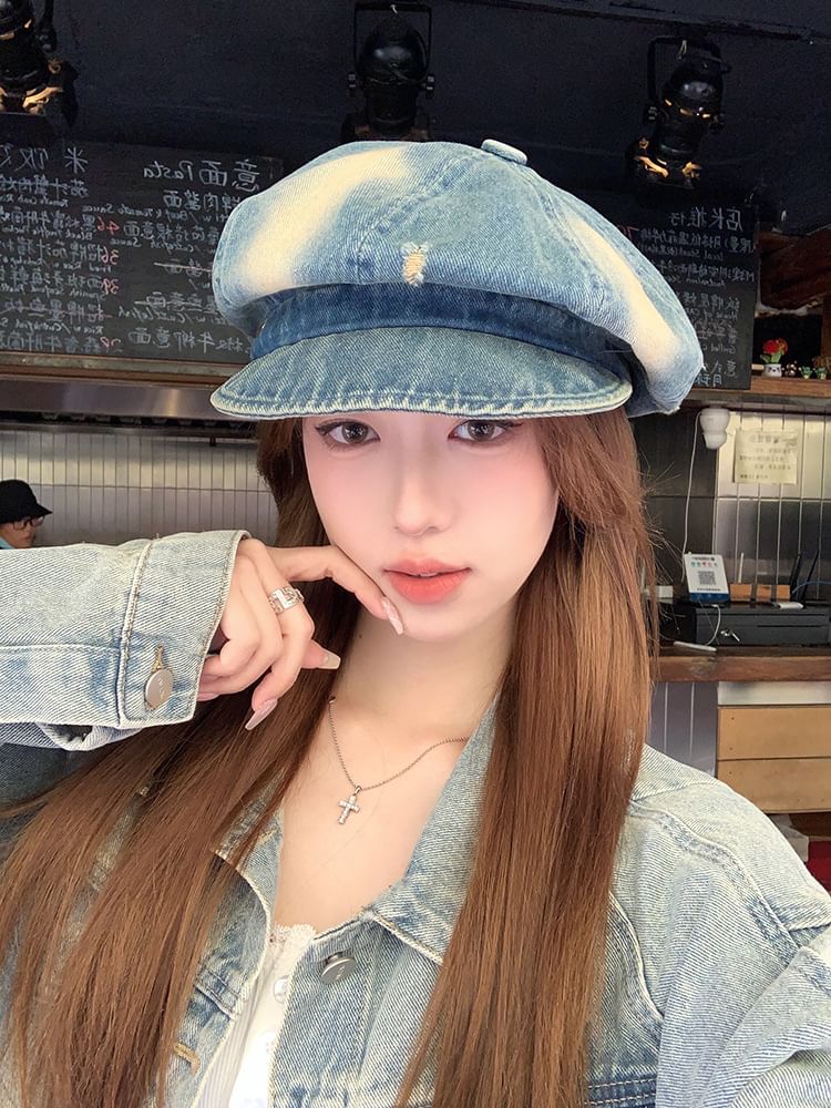 Distressed Denim Newsboy Cap Washed