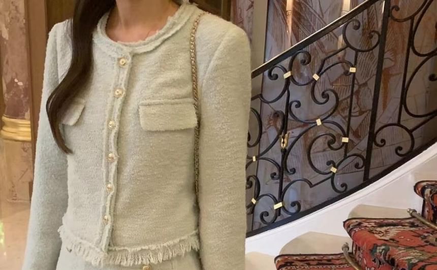 Round Neck Plain Fringed Tweed Button Jacket