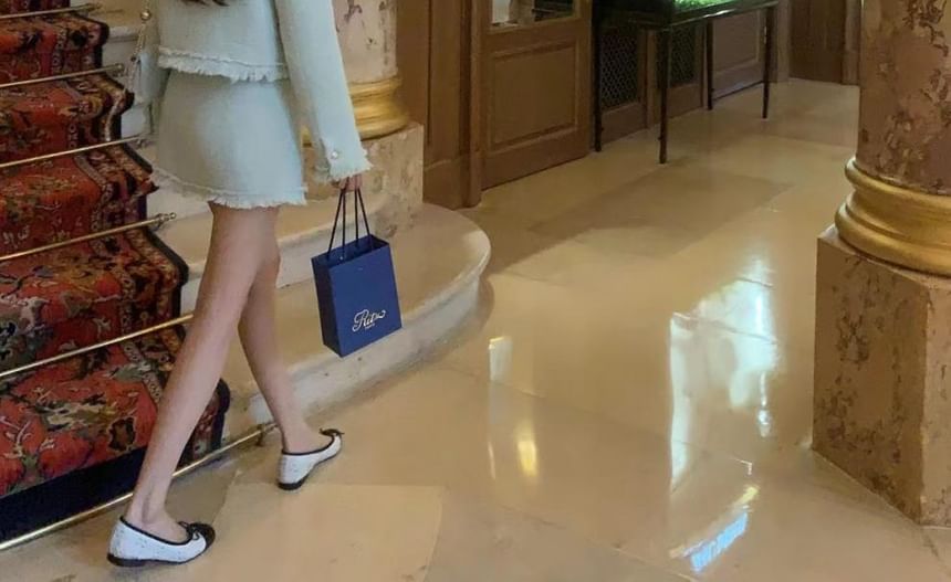 Round Neck Plain Fringed Tweed Button Jacket