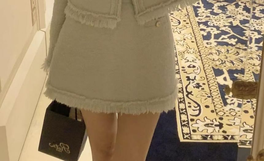 Round Neck Plain Fringed Tweed Button Jacket