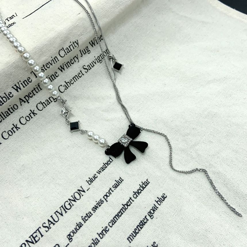 Necklace Bow Pearl Lariat Rhinestone Faux