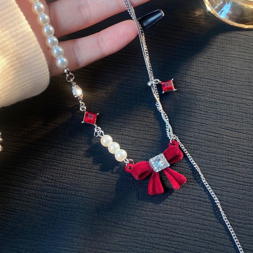 Necklace Bow Pearl Lariat Rhinestone Faux