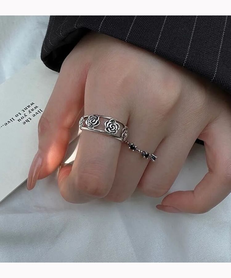 / Rhinestone Open Ring Set Flower