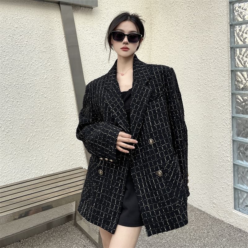 Notch Lapel Plaid Tweed Double-Breasted Blazer